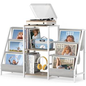Record Player Stand with Vinyl Storage, Record Player Table with Record Storage 200 Albums, Turntable Stand with Record Holder Vinyl Display Shelf, Record Cabinet Media Stereo (Two-side storage-White&Grey)
