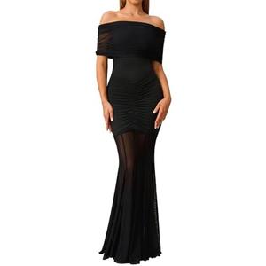 HTZMO Women Sexy Off Shoulder Bodycon Maxi Dress Strapless Ruched Wedding Guest Formal Party Long Dresses Black Small