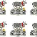 NOBILITY Pooja Items Diwali Gift Silver Antique Small Kamdhenu Cow with Calf Metal Statue Decorative Item Showpiece for Home Office Decoration Wedding Return Gifts 6 Pcs