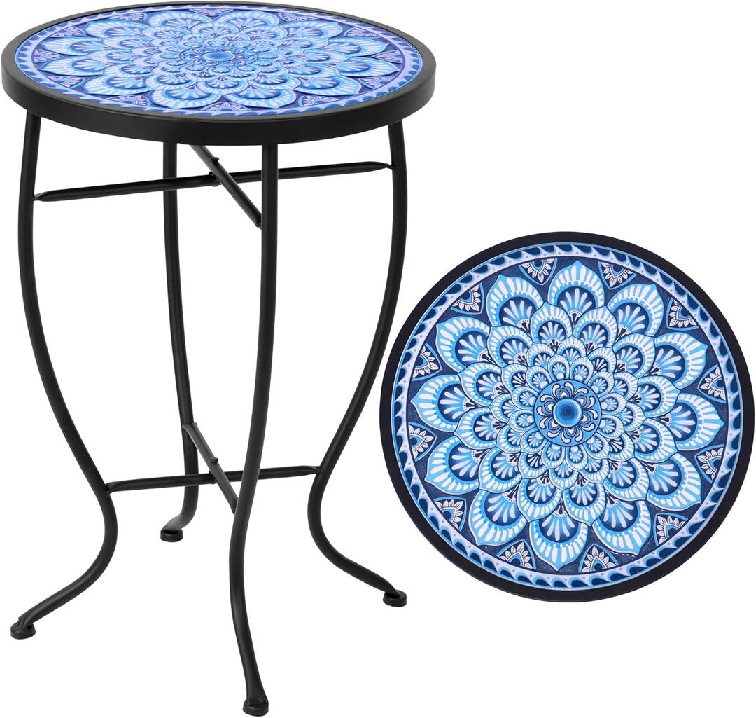 Elevon 14 Inch Round Side Ceramic Tile Top Indoor and Outdoor Accent Table, Greek
