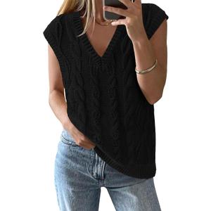 BTFBM Sweater Vest Women Oversized V Neck Cable Knit Casual Pullover Sweaters Fall Outfits 2025 Sleeveless Tops (S)