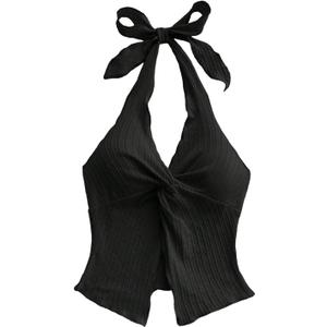 SHENHE Women's Twist Front Tie Halter Neck Split Hem Backless Summer Going Out Crop Top (Black), S