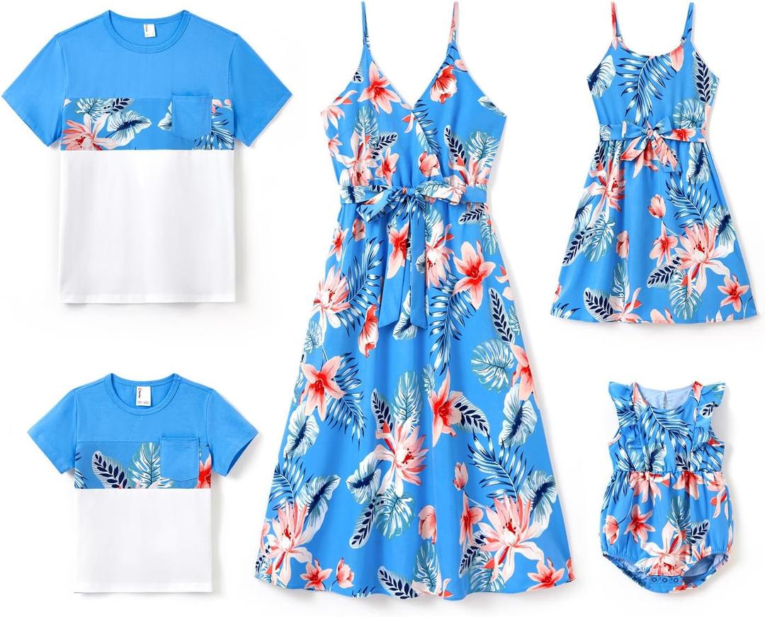PATPAT Family Matching Hawaiian Outfits: Boy Tropical Floral Short Sleeve T Shirts - Dad and Son Matching Shirts for Summer Vacation Beach Luau Cruise, Blue Tropical Hibiscus, Boy, 3 Years