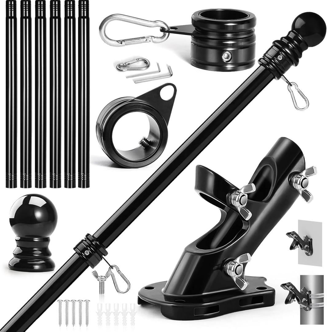 Anovo Flag Pole Kit- Stainless Steel 7 FT Flag Poles with1 Inch Metal 360 Rotating Flag Pole Rings Clip, Two-Position Flag Pole Holder Brackets Mounting for Outside House Outdoor Porch (7 FT - Black)
