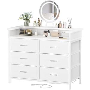 BOLUO White Dresser with Mirror, Fabric Dressers 6 Drawer Dresser for Bedroom with Charging Station, Vanity Dresser for Girls Modern