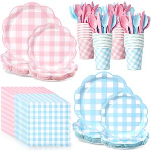 350 Pcs Baby Gender Reveal Plates and Napkins Set Gender Reveal Decorations Includes Pink and Blue Plates Napkins Cups Spoons Forks Knives for Baby Shower Birthday Gingham Party Supplies