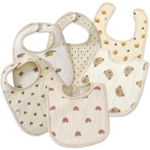 Muslin Baby Bibs for Drooling and Teething Newborn Drool Bibs for Baby Girl Boy (Khaki)