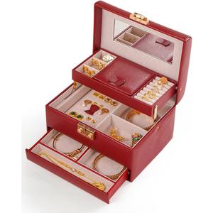 CASEGRACE Jewelry Box,3 Layers Leather Jewelry Storage Box with Lock, Mirror,Jewelry Storage Case for Necklaces Earrings Bracelets and Rings