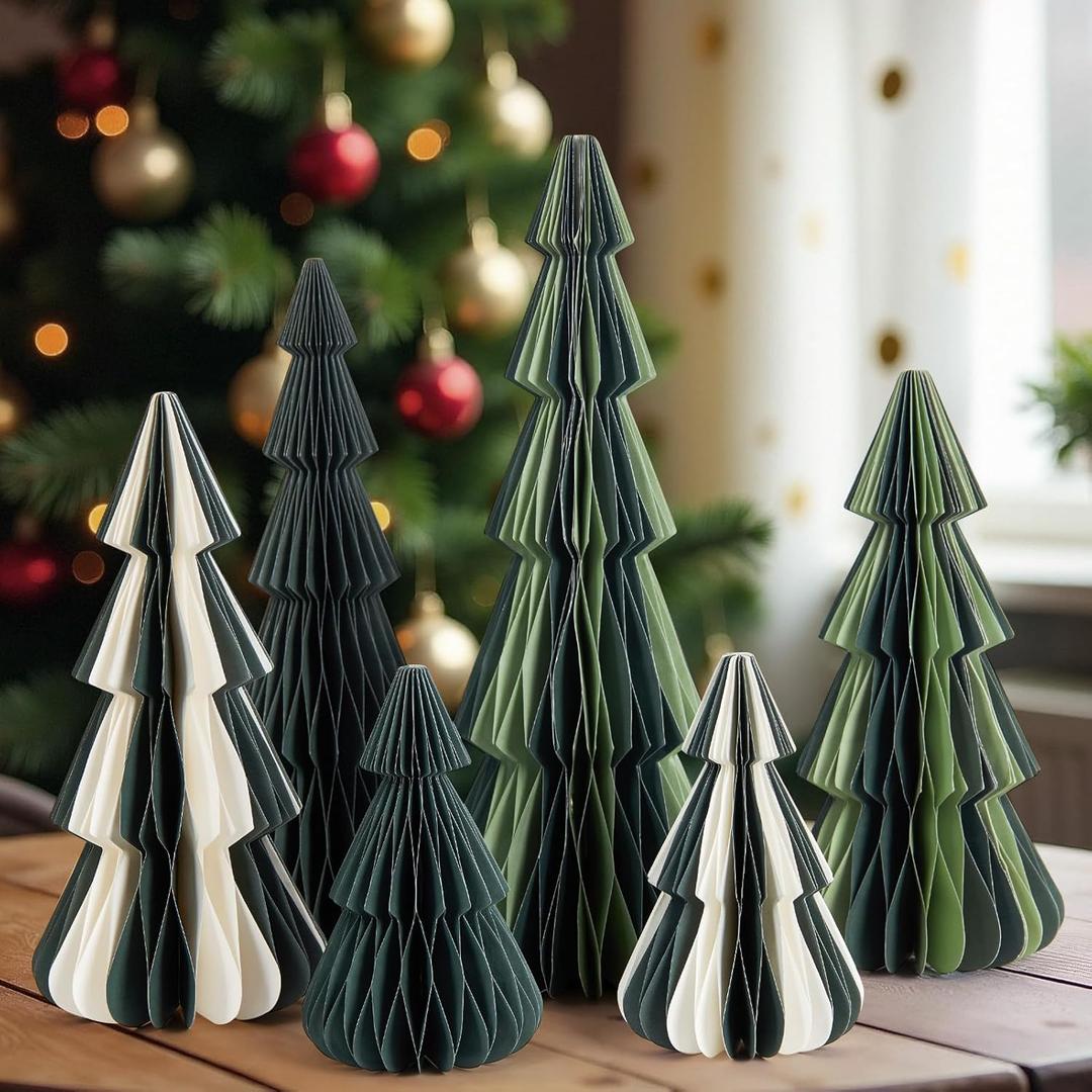 SUNBEAUTY 4Pcs Honeycomb Christmas Trees Vintage Paper Christmas Tree Decor 3D Honeycomb Trees Table Centerpiece for Xmas New Year Holiday Party Home Decor (Green, White)