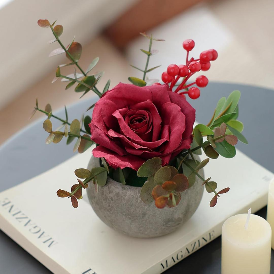 mizii DIY Small Artificial Flowers Potted Kit Fake Flower Realistic Silk Rose and Greenery with Vase for Gifts Table Centerpiece Mantle Office Desk Shelves Living Room Decorations (Burgundy)