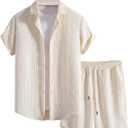 GORGLITTER Men's 2 Piece Outfits Waffle Knit Button Down Shirt Top and Shorts Set Beige X-Large