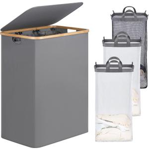 efluky Laundry Hamper with Lid, Trio Laundry Basket with 2 Removable Bags, 3 Section Laundry Bin with Bamboo Handles for Bathroom, Bedroom & Laundry Room, 160L (42.3 Gallon) Silver Grey