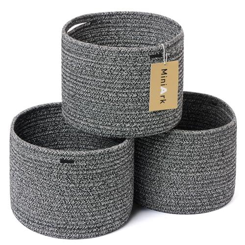 MiniArk Small Basket for Organizing | Cube Shelf Closet Storage Baskets | 9.7×9.7×7.1” | Woven Rope Gift Basket | Nursery | Round 3 Packs Dark Gray