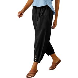 Cotton Casual Capri for Women Elastic High Waisted Loose Lantern Tapered Harem Pants with Pockets, Small