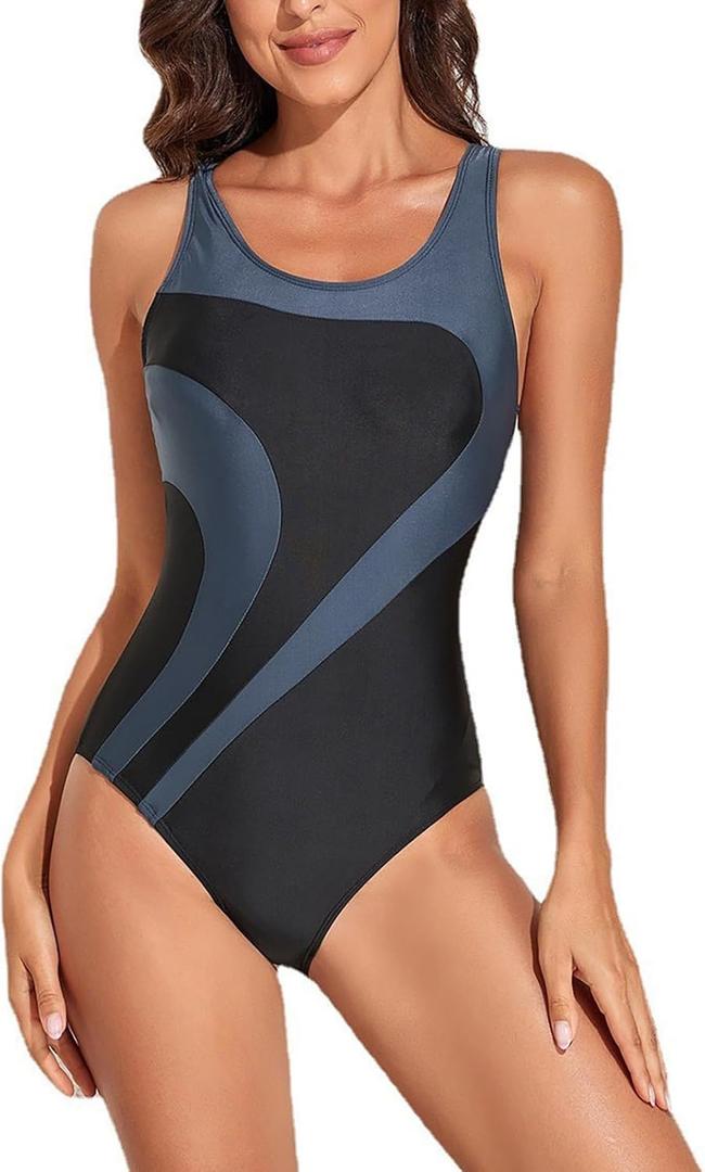 Womens Athletic One Piece Swimsuit Racerback Competitive Training Bathing Suit, Gray/Black, XL
