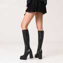 Wetviro Platform Knee High Boots for Women Chunky High Heel Gogo Boots Square Toe Stretchy Long Tall Boots (not for wide calf), 7.5