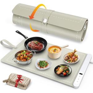 FYY Food Warming Mat - Electric Warming Tray with 6 Temperature Settings and 6 Hours Timer, Full Surface Graphene Heating Food Warmer, Premium Rollable Heating Tray for Gatherings, Parties, Khaki (X Large Size: 24"x15")