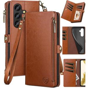 XcaseBar for Samsung Galaxy S24 5G Wallet case with Zipper Credit Card Holder RFID Blocking,Flip Folio Book PU Leather Shockproof Protective Cover Women Men for Samsung S24 Phone case Light Brown