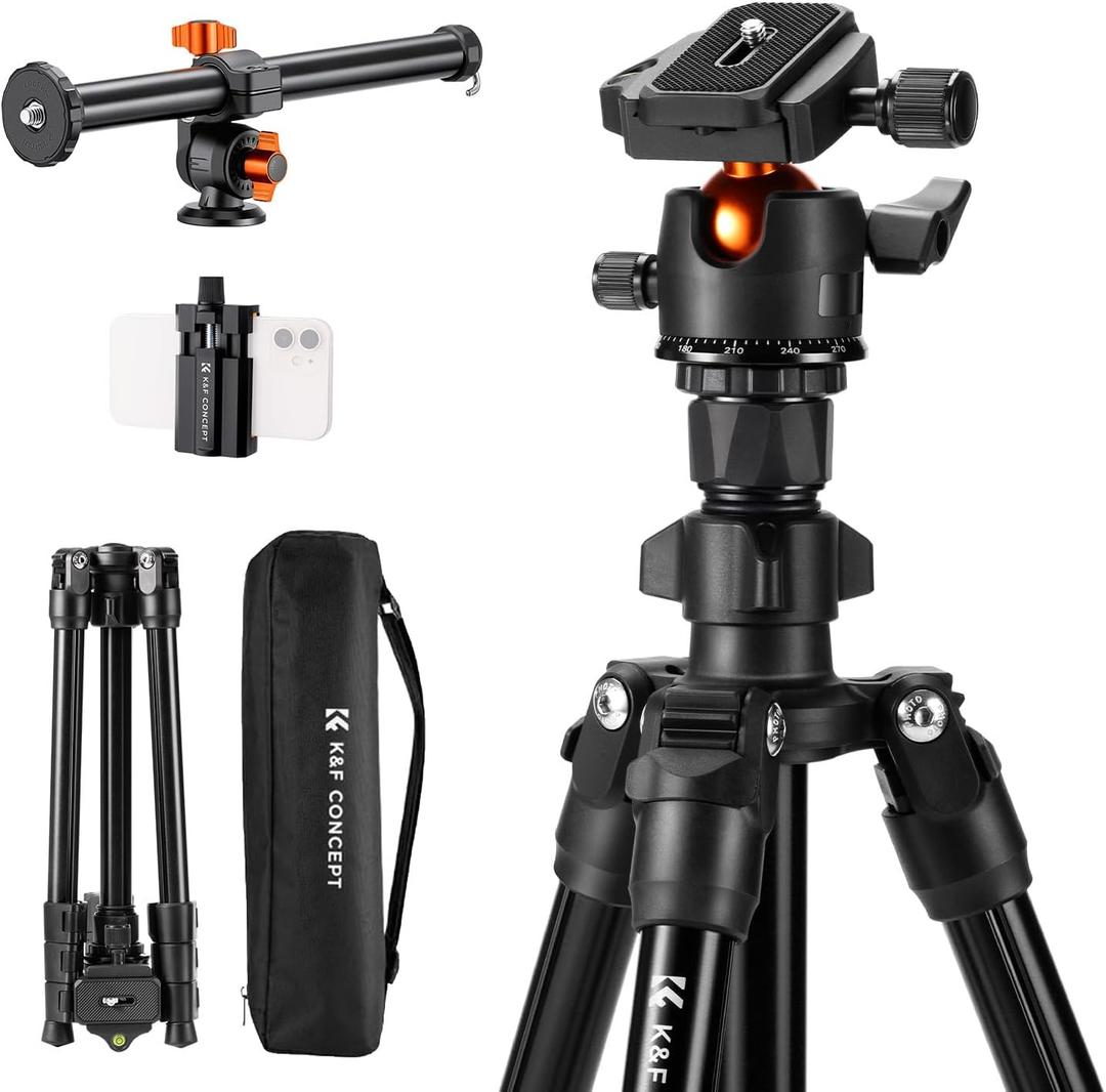 K&F Concept 76 inch Camera Tripod with Rotatable Multi-Angle Center Column,Lightweight Travel Outdoor DSLR Tripods with 360 Degree Ball Head Load Capacity 8kg/17.6lbs, Cellphone Clips for Smartphone