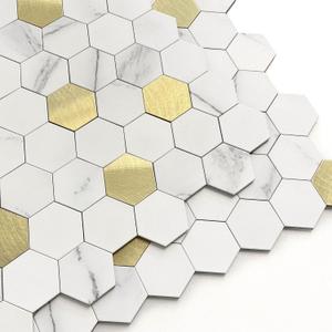 Hexagon Peel and Stick Backsplash Tiles Kitchen,Self-Adhesive Metal and Marble Honeycomb Peel and Stick Wall Tiles Sticker Mosaic Heat Resistant(White Gold,10sheets)