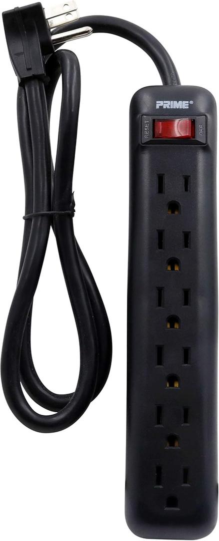 Prime Wire & Cable PB922009 6-Outlet Power Strip with Right Angle Plug and 14-3 SJT 3-Feet Cord, Black