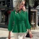 ZESICA Women's 2026 Fall Babydoll Peplum Tops V Neck Puff 3/4 Length Sleeve Shirts Dressy Casual Blouses (Green, S)