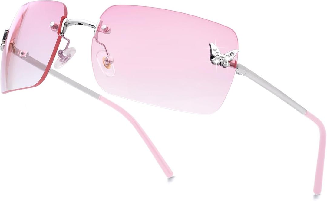 knliwkm Rimless Rectangle Y2k Sunglasses for Women Men Cute Small Clear Frameless Tinted Lens 2000S Fashion Shades Butterfly (Silver, Gradient Pink)