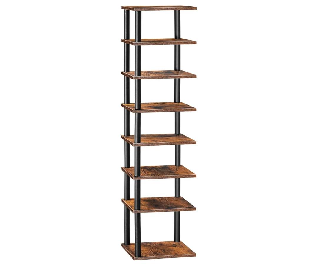 HOOBRO Vertical Shoe Rack, 8-Tier Narrow Shoe Shelf, Shoe Storage Organizer for Small Space, 11" L x 11" W x 53" H, Closet, Entryway, Hallway, Bedroom, Rustic Brown and Black BF22XJ01