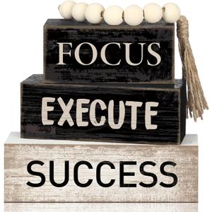 Yuntau 4 Pcs Motivational Desk Decor Wooden Office Decor Inspirational Tiered Tray Decoration Rustic Retro Wood Bead Garland Focus Execute Success Block Sign Farmhouse Centerpiece for Home Shelf