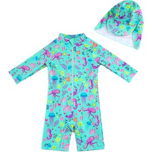 upandfast Baby/Toddler Swimsuit UPF 50+ Sun Protection One Piece Zipper Bathing Suit with Sun Hat Infant Beach Swimwear (2-3T, Green)