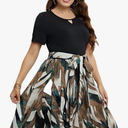 GenericPlus Size O-Neck Short Sleeve Belted Print Dress Women Elegant High Waist A-Line Midi Dresses, XL
