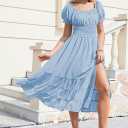 Linsery Women's Summer Square Neck Short Puff Sleeve Casual Smocked Flowy A Line Tiered Split Midi Dress (Blue, S)