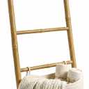 Bamboo Blanket Ladder with 2 Woven Storage Baskets, Handcrafted 55in Decorative Ladder for Blankets, Leaning Blanket Holder for Living Room, Towel Ladder for Bathroom & Quilt Display Rack, Large