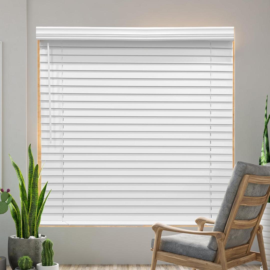 Cordless Faux Wood Blinds 27" W x 60" H, 2 Inch Slat Horizontal Windows Blinds with Crown Valance, Room Darkening Blinds, White Blinds for Home Interiors.