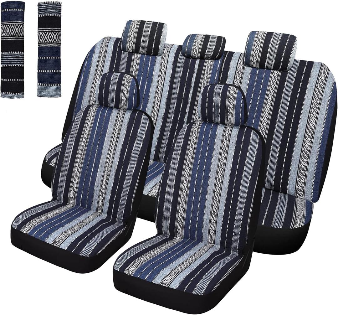 Pariitadin Baja Saddle Blanket Car Seat Covers Full Set with Seat Belt Pads, Washable Breathable Striped Woven Cloth Seat Covers for Cars Interior, Universal Fit Most Cars, Airbag Compatible, Blue