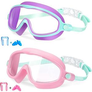 Kids Goggles for Swimming 2 Pack No Leaking AntiFog Outer Eye Fit with Wide View UV Protection Crystal Clear Watertight Swim Goggles with nose cover Suitable for Children Youth Boys Girls Age 3 to 14