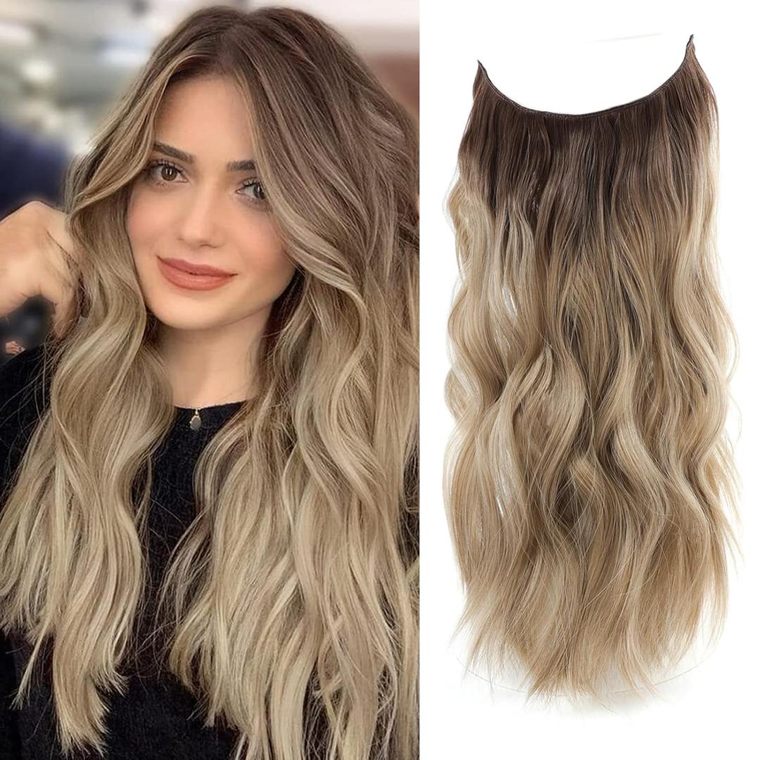 Invisible Secret Hair Extensions Dirty Blonde with Dark Root Hair Extension 20 inch Natural Wavy Hair Pieces for Women Synthetic Hair Extensions Clip in Hairpiece