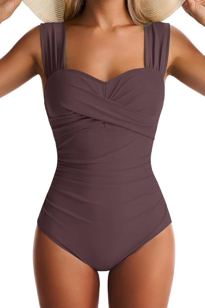 Womens One Piece Swimsuits Tummy Control Bathing Suits Modest Full Coverage Swimsuit Wide Straps Swimwear (Brown, M)