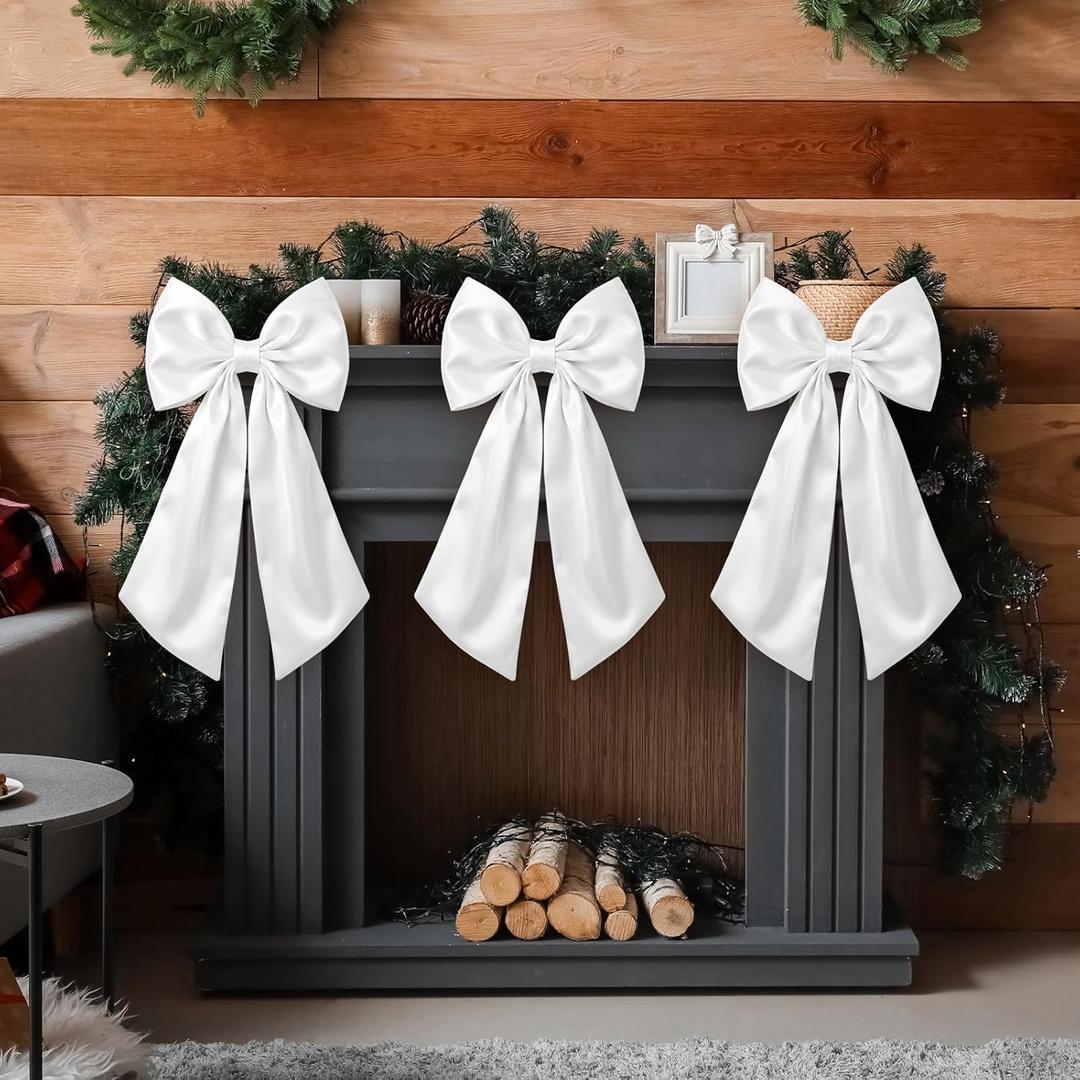 Suncalla 3 Pcs 2 FT Large Bow Decorations Big Satin Bows Hanging Wall Decors for Room Fireplace Coquette Birthday Backdrop Bridal Shower Wedding Bachelorette Christmas Party Supplies(White)