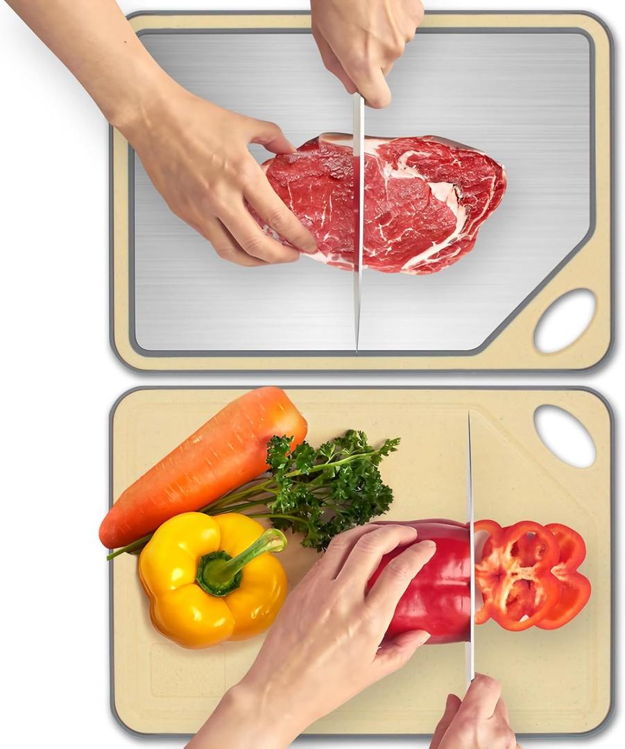 Cutting Boards for Kitchen, Stainless Steel Cutting Board, Double Sided for Chopping Meat/Vegetables, Stainless Steel/Wheat Straw PP, Kitchen Gifts Easy to Clean Large (16"L x 12"W)