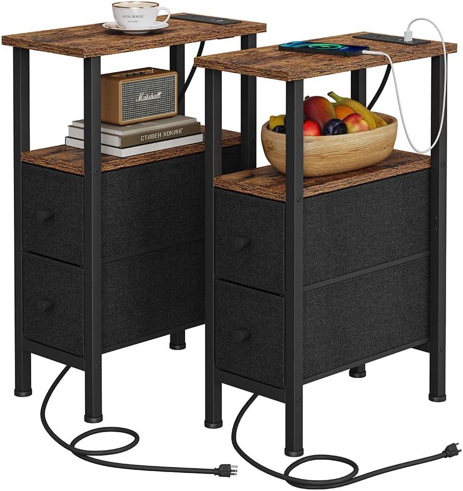 VIMBER 2 Set Narrow Side Table for Small Spaces, Skinny End Table with Charging Station, Sofa Beside Table with 2 Drawers 1 Open Compartment, Slim Nightstand with USB Ports Outlet, Rustic and Brown