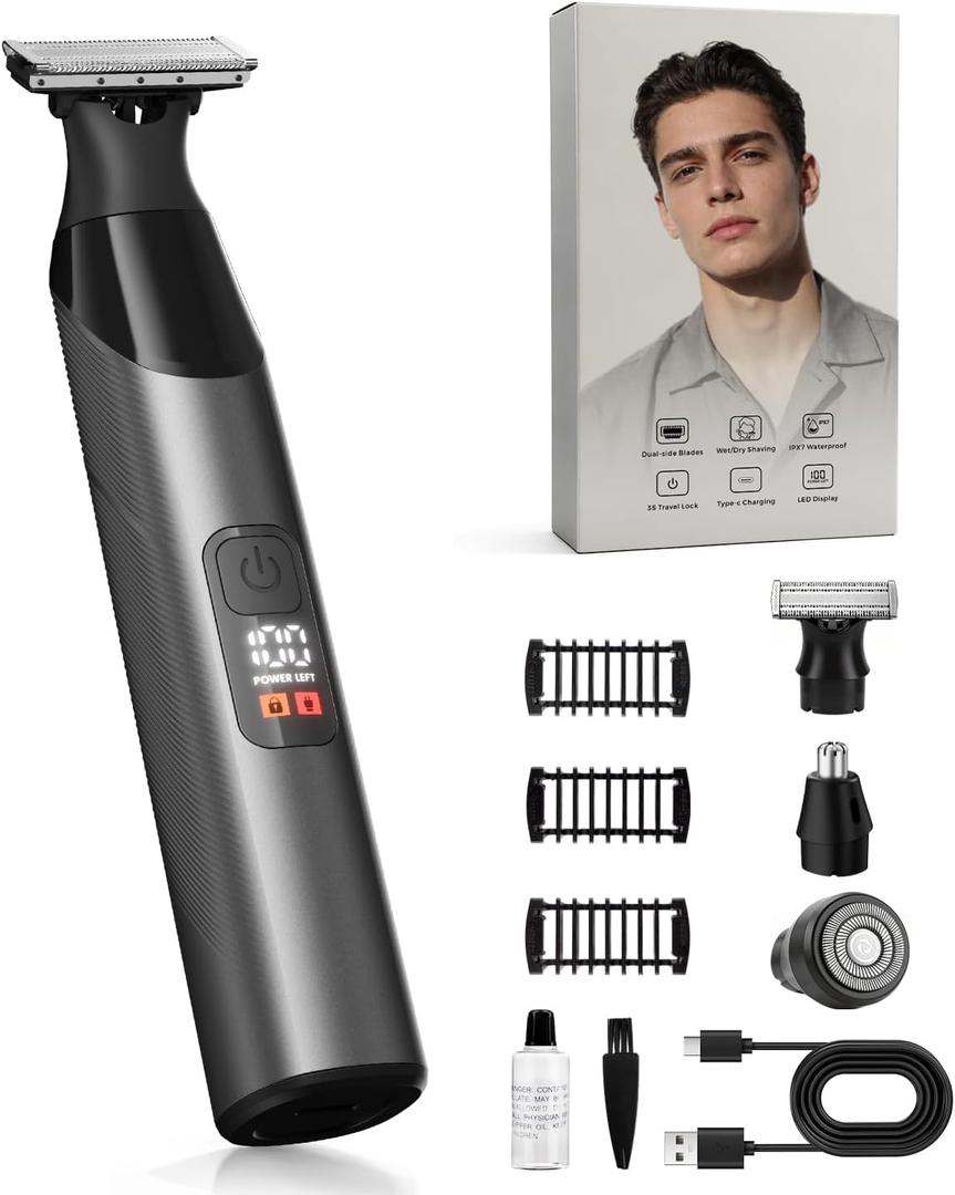 Beard Trimmer for Men, Body Hair Trimmer & All-in-One Grooming Kit with Dual-Sided Blade for Beard Shaping and Edge Trimming, Magnetic Detachable Heads, IPX7 Waterproof Wet and Dry Shaver