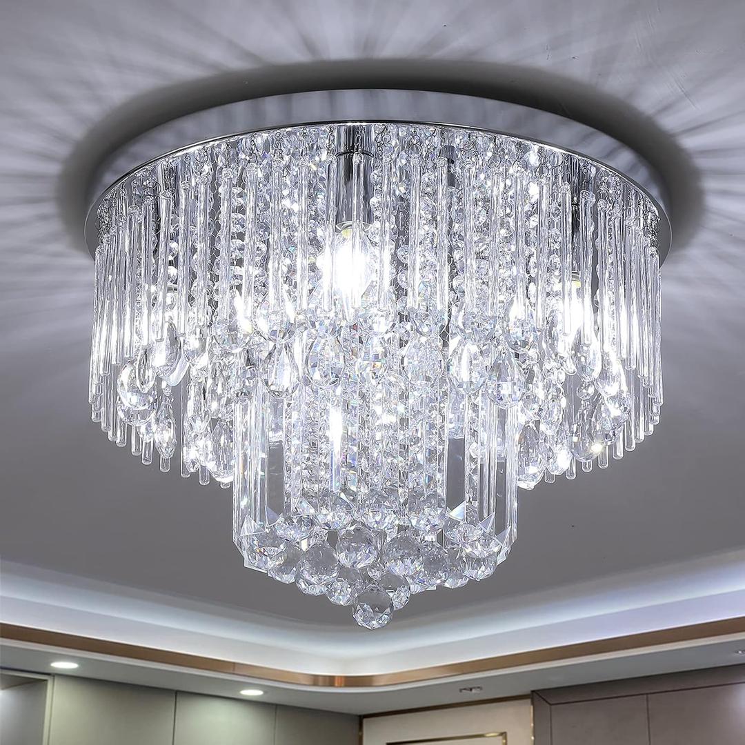 Crystal Chandelier Flush Mount Ceiling Light W18 x H13, 5 Lights Modern Round Raindrop Crystal Chandeliers Light Fixtures for Bedroom Living Room Entryway, Chrome Silver