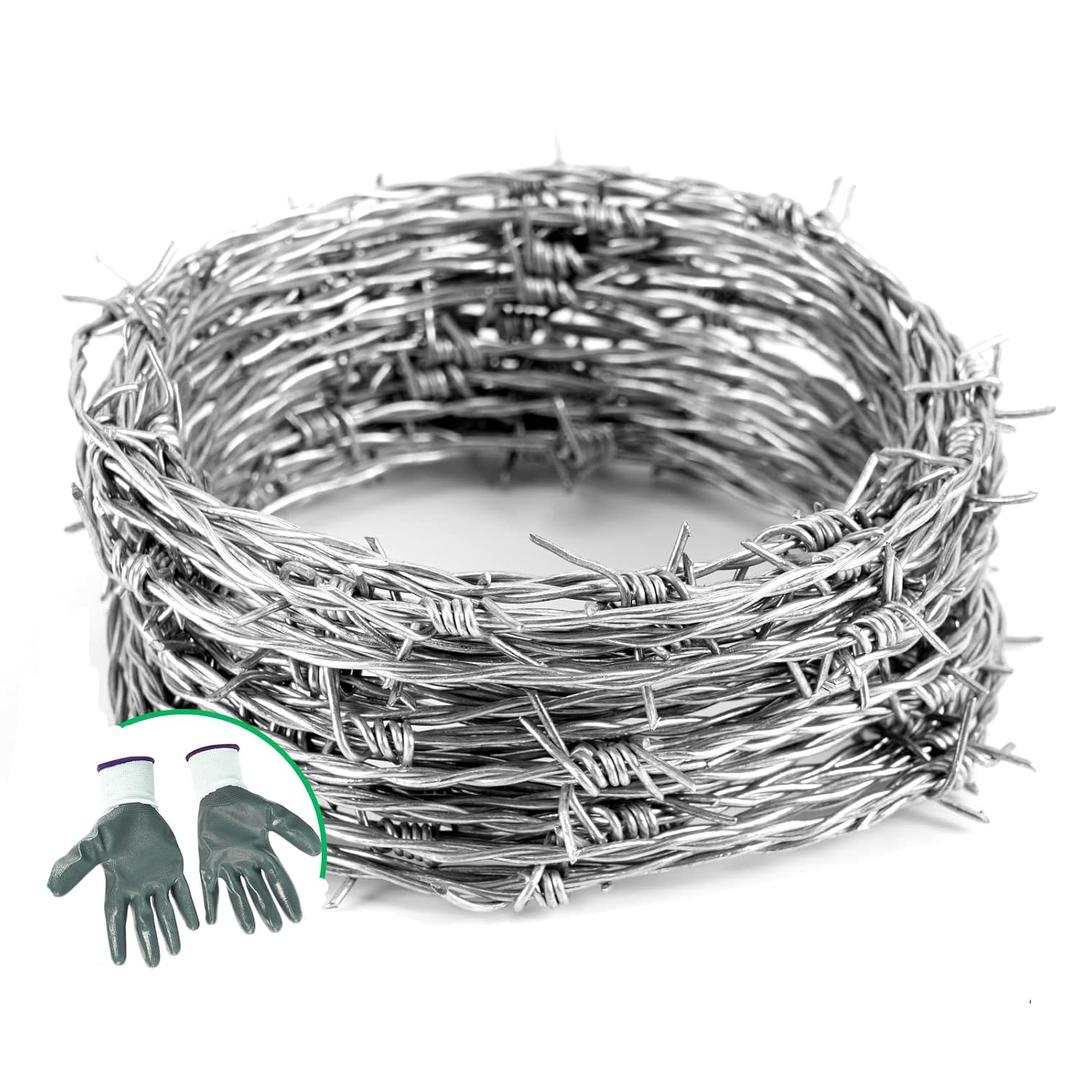 50FT Barbed Wire,4 Point Barbed Wire Fence Perfect for Crafts, Fences, and Critter Deterrent,16 Gauge Barb Craft Wire Included a Pair of Gloves
