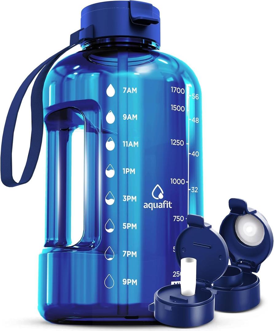 AQUAFIT 64 oz Water Bottle with Time Marker - Straw & Chug Lid - BPA Free Half Gallon Gym Water Bottle with Handle - Big Gallon Jug (Blue, 64 Ounces)