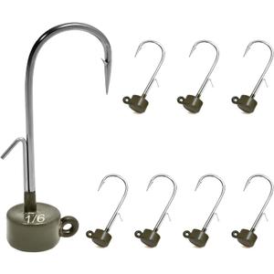 8Pcs Tungsten Ned Rig Jig Heads with Hooks in Different Sizes, Finesse Mushroom Jig Heads for Bass Fishing with Soft Lures (1/4oz, Green Pumpkin)