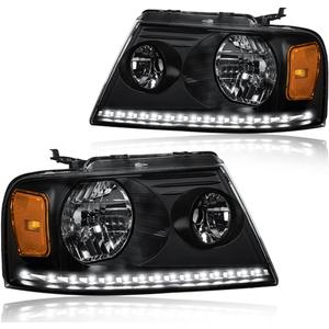 LED Headlight Assembly, Compatible with 2004-2008 Ford F150/2006-2008 Lincoln Mark LT Replacement Headlamp Pair of Driver Left & Passenger Right Side Black Housing Amber Reflector