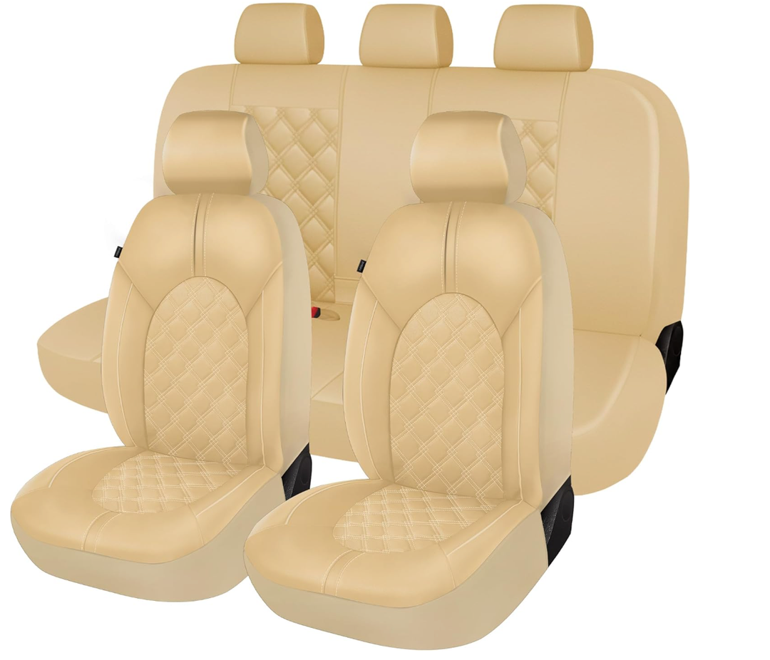 CAROMOP Premium PU Leather Car Seat Covers Full Set, Waterproof Split Bench Covers for Cars, Universal Car Interior Covers Seat Protectors for Sedans SUVs, Pick-up Trucks (Beige)