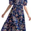 YESNO Summer Floral Midi Dresses for Women V Neck Puff Short Sleeve Frill Trim Dress with Pockets EVX, Size: L