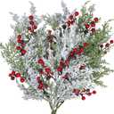 Winlyn 6 Pcs Snowy Artificial Cedar Picks with Red Berries Frosted Faux Cedar Sprays Christmas Cedar Greenery Branches Stems for Christmas Tree Wreath Floral Arrangement Vase Winter Holiday Decor